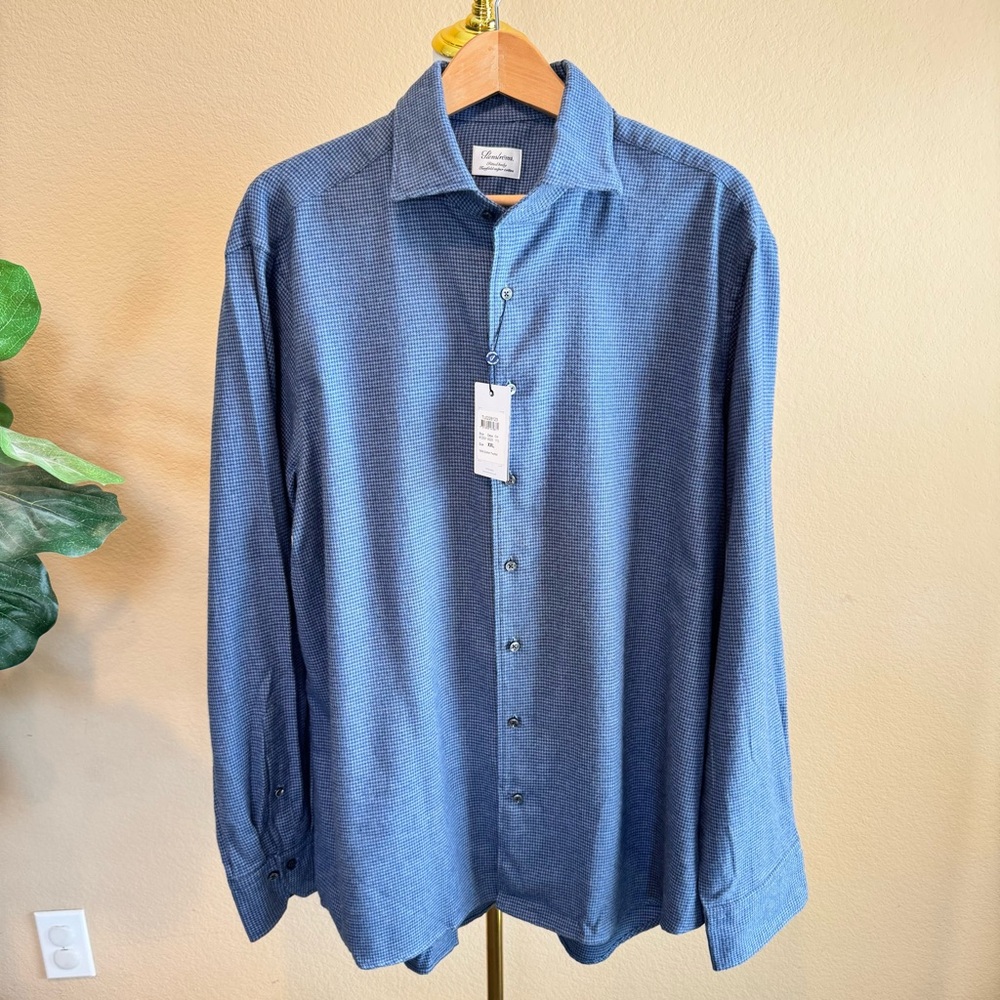 $295 NWT Stenstroms Fitted Body Shirt XXL Blue Houndstooth Twofold Super Cotton